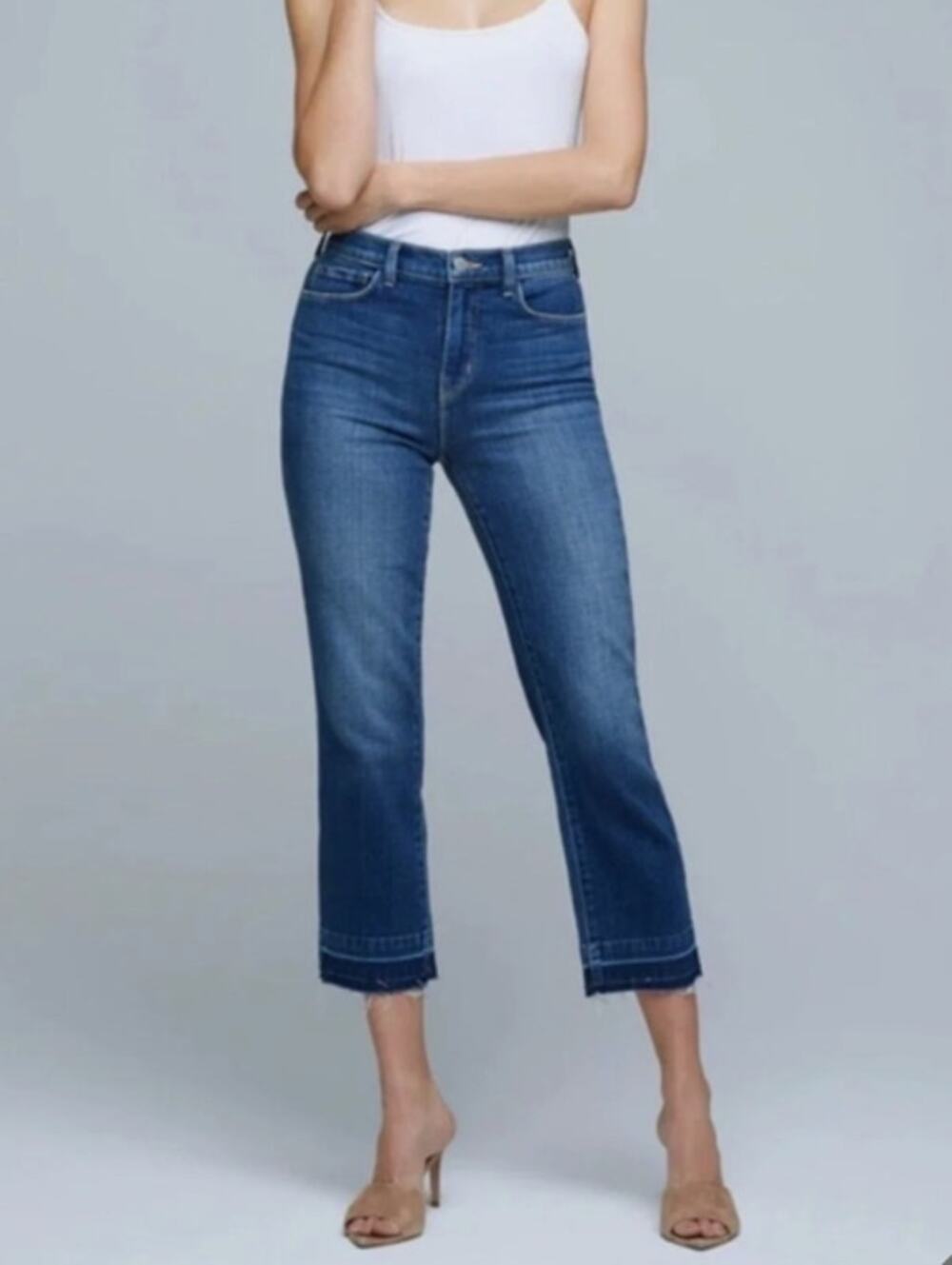 L'Agence Harris Frayed High Rise Cropped Jeans Sz 28 Dark Wash Denim Casual